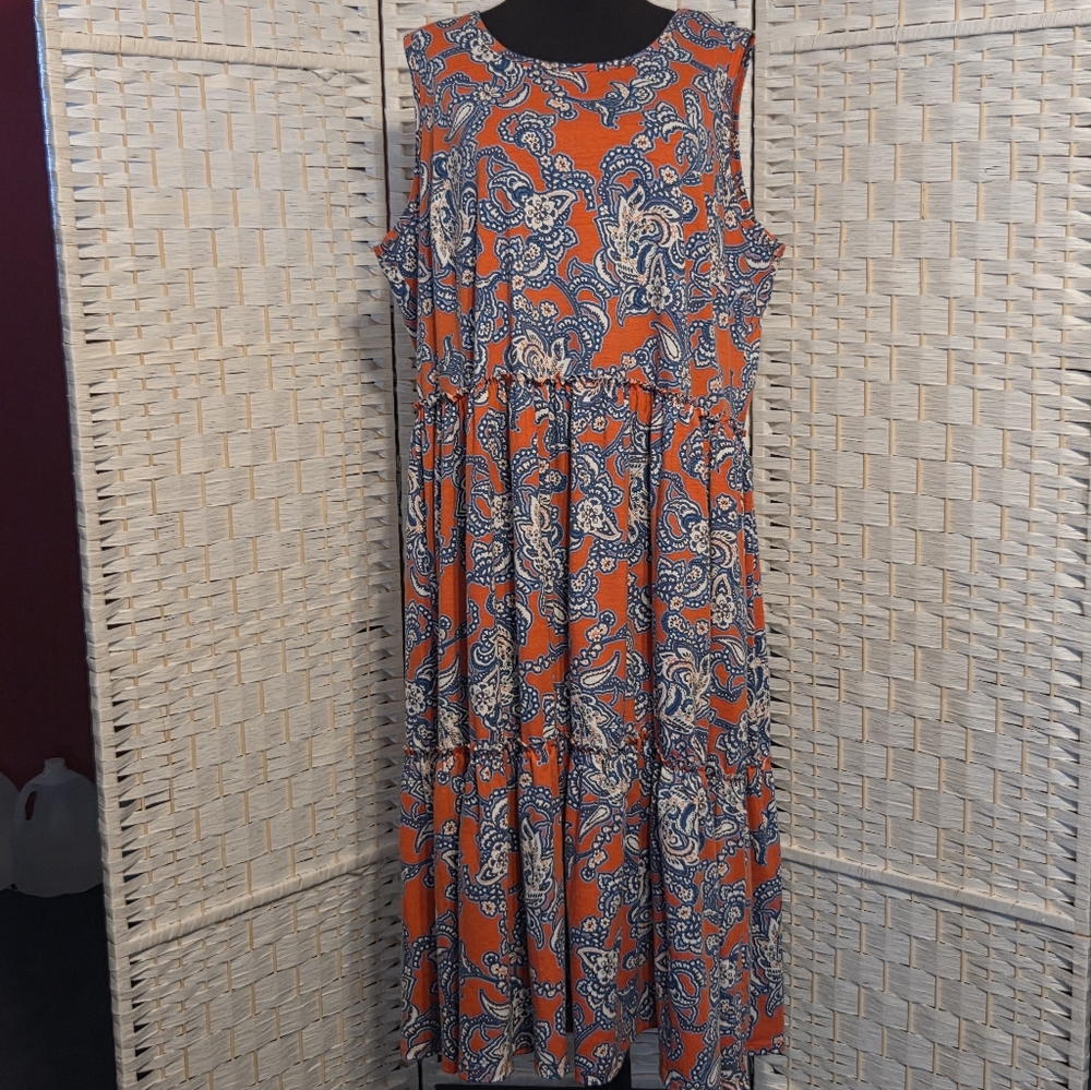 Emma & Michele Vibrant Paisley Tiered Midi Dress - Orange and Blue